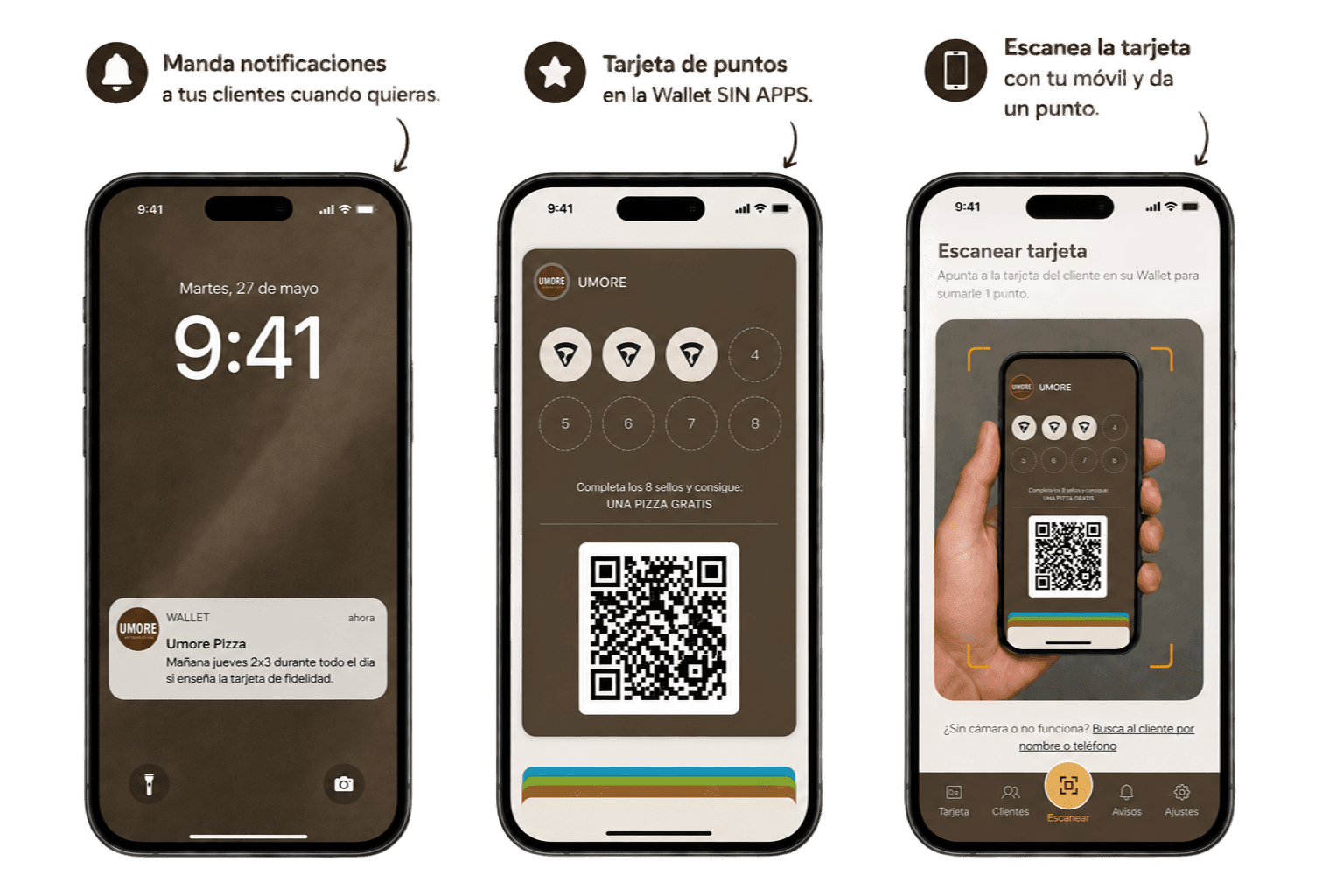 Tres móviles con la tarjeta de fidelidad de Umore Pizza: un aviso en la pantalla de bloqueo, la tarjeta con los sellos en su Wallet, y el escáner del panel del negocio dándole un punto.