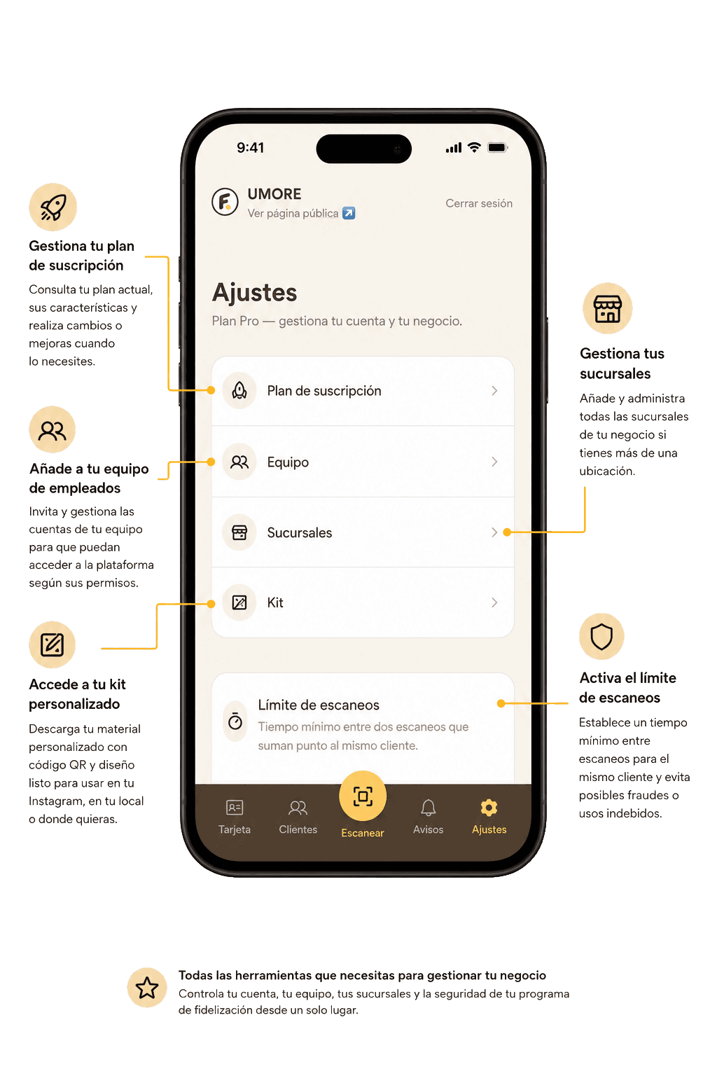Pantalla “Ajustes” del panel de administrador de fidelao, con anotaciones que explican cada opción de configuración.