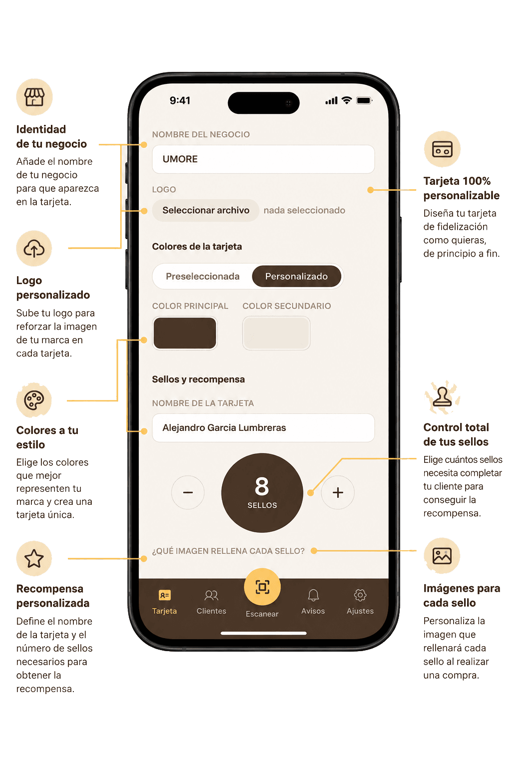 Pantalla “Tarjeta” del panel de administrador de fidelao, con anotaciones que explican cada función de personalización.