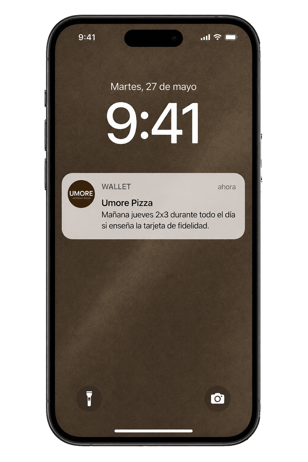 Notificación de Umore Pizza en la pantalla de bloqueo del móvil.